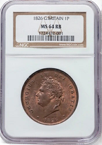 イギリス ジョージ4世 1826年 1ペニー硬貨 未流通 NGC認定 MS64-RB 227,150円