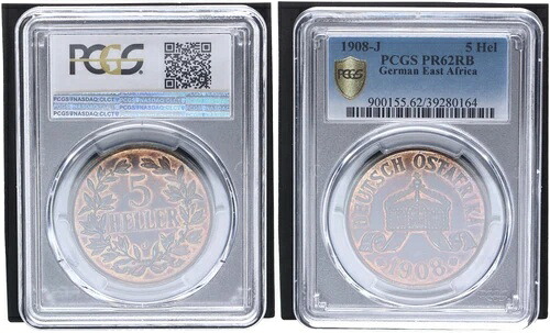 5 ヘラー 1908-J ドイツ東アフリカ PCGS PR62RB プルーフコイン