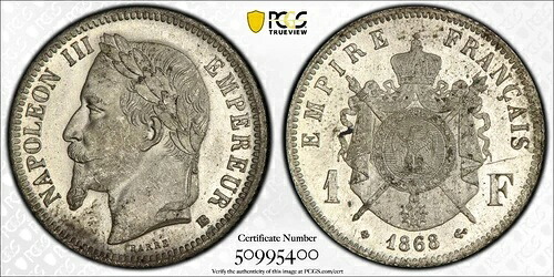 フランス ナポレオン3世 1フラン 1868年 BBシルバー PCGS MS64