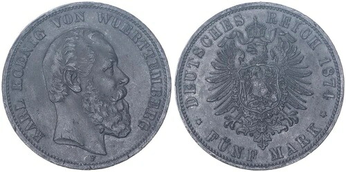 ヴュルテンベルク 5 マーク 1874 F 目安亜鉛 - ランチリフトなしのカール王118617-