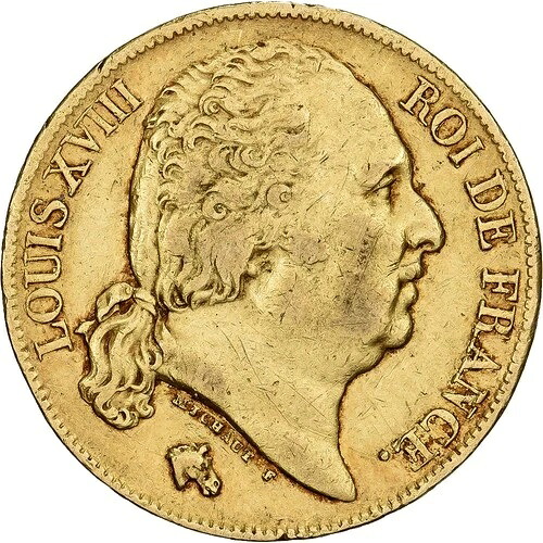 [#639283] フランス、ルイ 18 世、20 フラン オル、1820 年、パリ、バスト ヌー、ゴールド、VF(30-