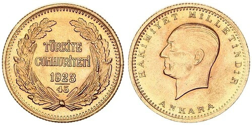 トルコ100クルッシュ1923 + 45 \u003d 1968年ゴールドPrf。 - cent120833-