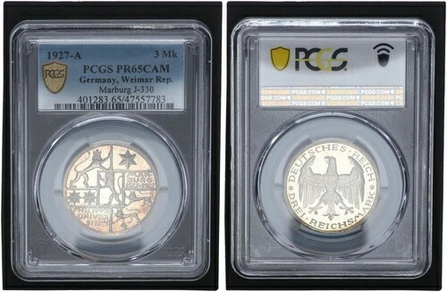ワイマール共和国 3マルク 1927 A J.330 マールブルク大学 PCGS PR65CAM 103856