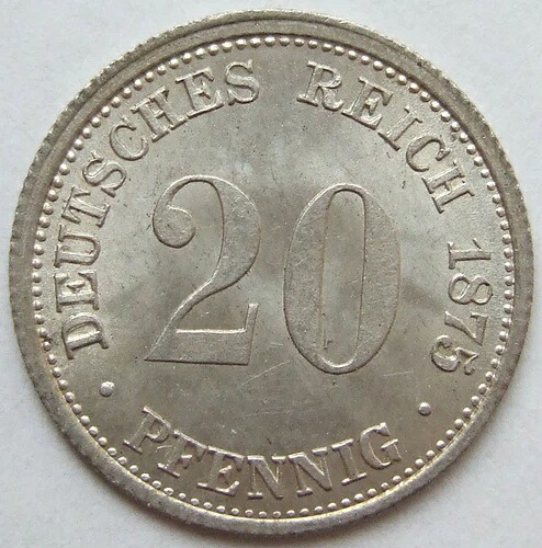 ドイツ帝国銀貨 20ペニヒ 1875 H 未使用