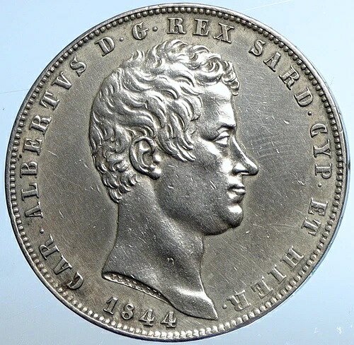 1844年 イタリア イタリア諸州 サルデーニャ チャールズ・カルロ・アルベルト 銀貨 5L i111028