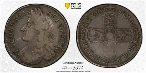 1685年 イギリス 1/2 ハーフクラウン ジェームズ2世 S-3408 PCGS VF20 イングランド銀貨