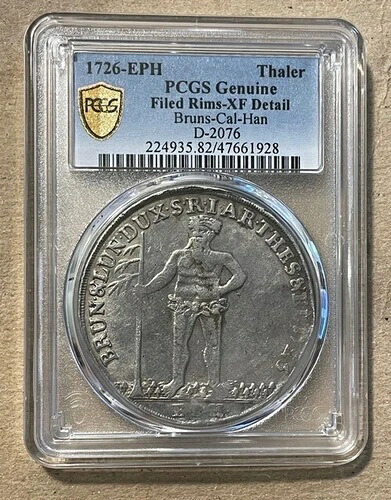 Bruns-Cal-Han - 1726年製 シルバー ワイルドマン ターラー (PCGS XF 詳細)