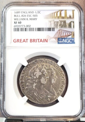 1689年 イングランド シルバー 1/2クラウン ウィリアム＆メアリー NGC XF 40 非常に希少