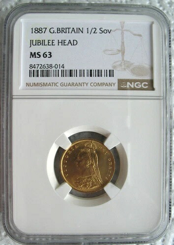 イギリス 1887年 金貨 1/2ソブリン金貨 NGC MS-63 ジュビリーヘッド