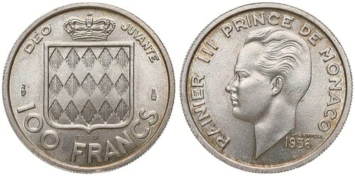 モナコ - 100フラン 1956年 エッサイ プルーフ - シルバー - モナコ大公 ライナー3世