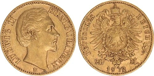 バイエルン 20マルク金貨 1872年 D ルートヴィヒ2世 VF+ 132342｜WORLD RESOURCE【QUEEN店】