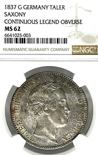 ドイツ諸州ザクセン 1837 G ターラー貨幣 NGC MS 62 VZ/STG ターラー UNC 希少 DAV 872A