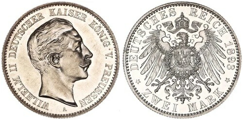 プロイセン2マーク1893年A皇帝ヴィルヘルム2世。研磨プレート、軽い擦れあり 116055