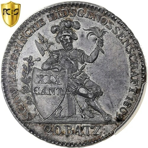 [#1288807] スイス、アールガウ州、20 バッツェン、1809年、銀貨、PCGS、MS63、KM:17-