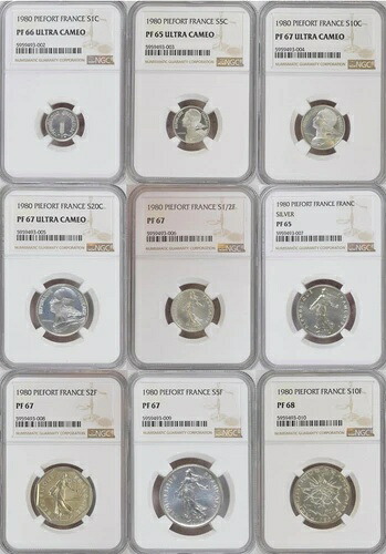 フランス、シルバー ピーフォート セット 1 センチメートル - 10 フラン 1980 NGC PF65-68、レアリュー