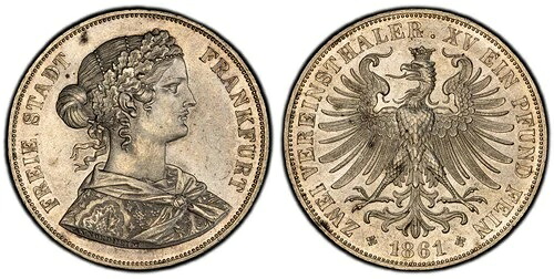 ドイツ製 ST フランクフルト・アム・マイン。1861年 AR 2ターラー、3.5グルデン。PCGS MS63。Dav.-651