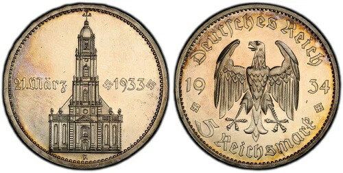 ドイツ、第三帝国 1934-A AR 5 ライヒスマルク。 PCGS PR63 J-356 Ex セディロット コレクション