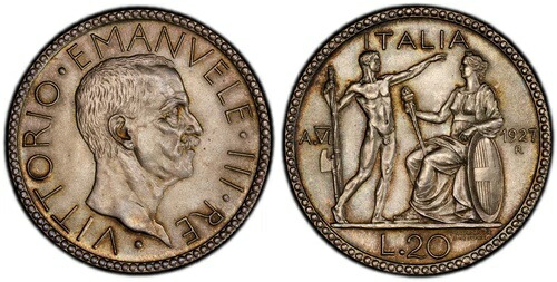 イタリア。ヴィットーリオ・エマヌエーレ3世 1927-R AR 20リラ。PCGS MS65 ローマ Pag-672; Gig-36