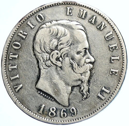 1869年 M BN イタリア国王ヴィットーリオ・エマヌエーレ2世 銀貨 5リラ 旧イタリア貨幣 i110055