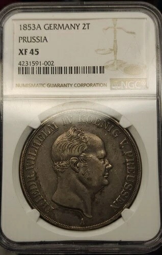 1853年 プロイセン・ドイツ 2ターラー金貨 - 希少な年号、発行枚数2500枚