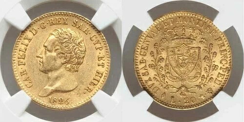 1826年 イーグルL金貨 サルデーニャ イタリア 20リラ カルロ・フェリーチェ国王 KM# 118.1 AU58
