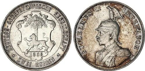 ドイツ植民地 - 東アフリカ 2ルピー銀貨 1893年 DOA SS+/SS-VZ 133022