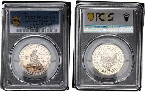 ワイマール Rep. 3 マーク 1930 A フォーゲルヴァイデ J-344 PR65CAM ポリッシュプレート 118226