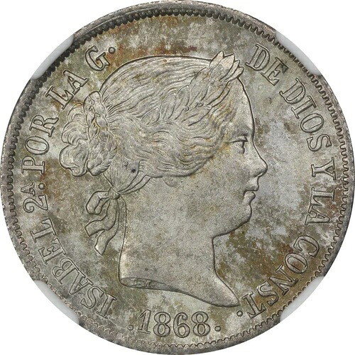 スペイン 1868(68)M 40 センチモス デ エスクード 女王イザベル 2 世 NGC MS64