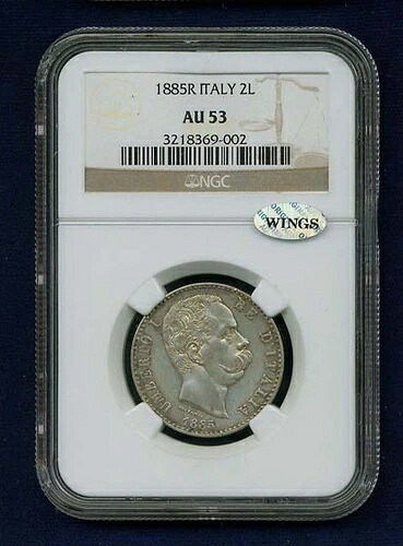 イタリア王国 1885-R 2リラ銀貨 ほぼ未流通、NGC認定 AU53