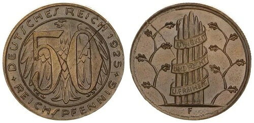 ワイマール 50 ペニヒ 1925 F デザインサンプル J.324/318 真鍮 102764