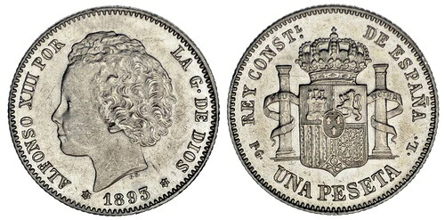 1ペセタ スペイン-1ペセタ スペイン。Ag. アルフォンソ13世。1893*。AU/UNC-。希少