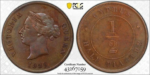 キプロス 1/2ピアストレ 1889年 コイン ヴィクトリア女王 PCGS XF45 主要日付