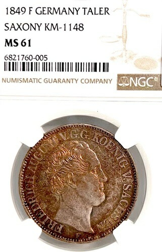 ドイツ諸州ザクセン 1849 Fターラー貨幣 NGC MS 61 VZ/F.STG ターラー UNC レアカラー