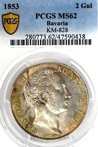 ドイツの州バイン 1853年 2 ガルデン コイン テーラー PCGS MS 62 VZ/F.STG UNC レア-
