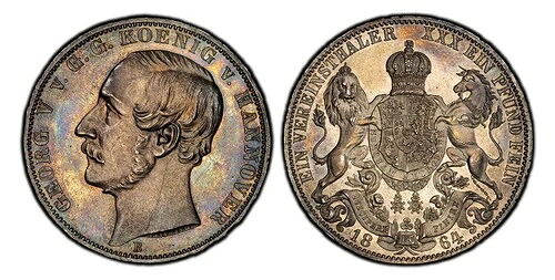 ドイツ製 ハノーバー製。ゲオルク・V. 1864-B AR ターラー。PCGS MS64。Dav.-682; J-96|WORLD RESOURCE【QUEEN店】