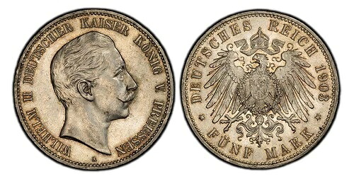 ドイツ・プロイセン。ヴィルヘルム2世 1903-A AR 5マルク。PCGS MS63 ベルリン。KM 523｜WORLD RESOURCE【QUEEN店】