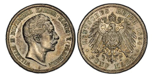 ドイツ・プロイセン。ヴィルヘルム2世 1894-A AR 5マルク。PCGS MS63 ベルリン。Dav.-789|WORLD RESOURCE【QUEEN店】