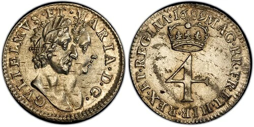 イングランド、ウィリアム・アンド・メアリー。1689年ARフォーペンス、グロート。PCGS MS62。S-3439; ESC 1865|WORLD RESOURCE【QUEEN店】