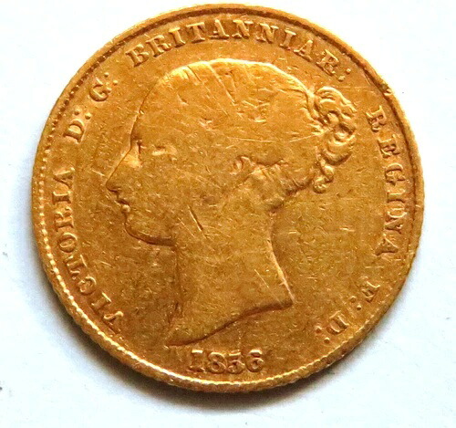 オーストラリア。1856年シドニー造幣局発行、ハーフソブリン金貨。美品、微光沢あり