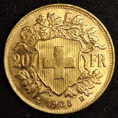1935年 LB スイス 20フラン ヘルベティア KM#35.1 未使用 .1867オンス 金貨 (A)
