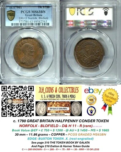 1790年頃 GB コンダー ハーフペニー - ノーフォーク・ブロウフィールド - D & H 11 - PCGS MS63 - EC 8004