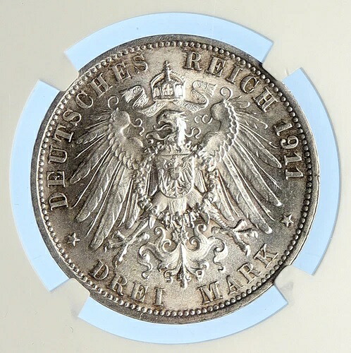 1911年 F ドイツ ドイツ国王 Wurttemburg 古いシルバー 3 マークコイン NGC i112726-