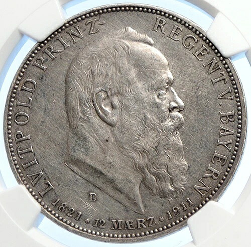 1911年 D ドイツ バイエルン オットー1世 ルイトポルト王子 銀貨 3マルク NGC i106226