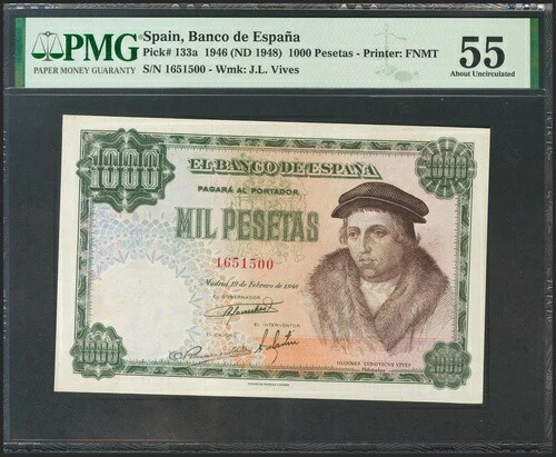 1000ペセタ。1946年2月19日。シリーズなし。(Edifil 2017: 453)。非常に希少。 186,450円