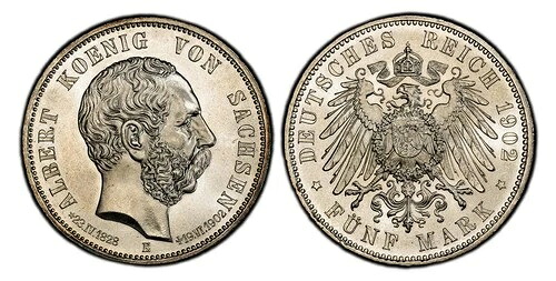 ドイツ聖ザクセン\u003dアルバート 1902年-E AR 5 マーク PCGS MS66。 J-128。-