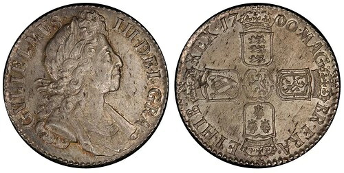 イングランド ウィリアム3世 1700年 ARシリング。PCGS MS63。円形0s; SCBC-3516