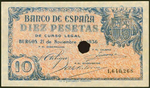 10ペセタ。1936年11月21日。ブルゴス支部。番号が刻まれた