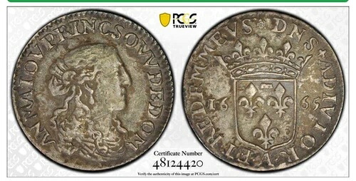 フランス、ドンベ、アンヌ・マリー・ルイーズ (1650-1693)。 AR Douzi?me d'?cu 1665、PCGS XF45-