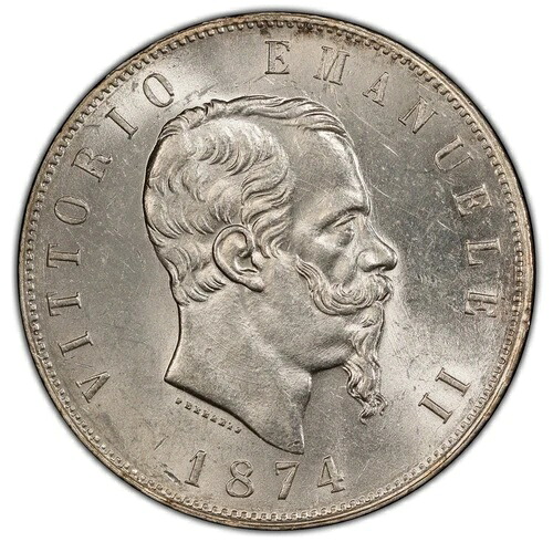 イタリア王国 1874-M-BN 5リラ銀貨、未流通、PCGS認定 MS-62