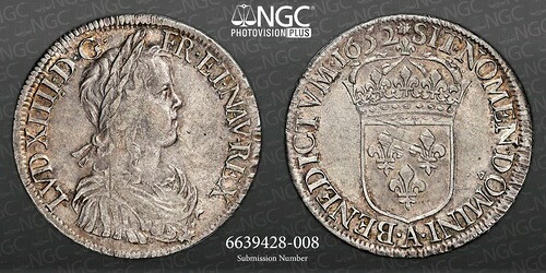 1652年、フランス王室、ルイ14世。銀エキュ（フランスドル）貨幣。パリ！NGC AU55！